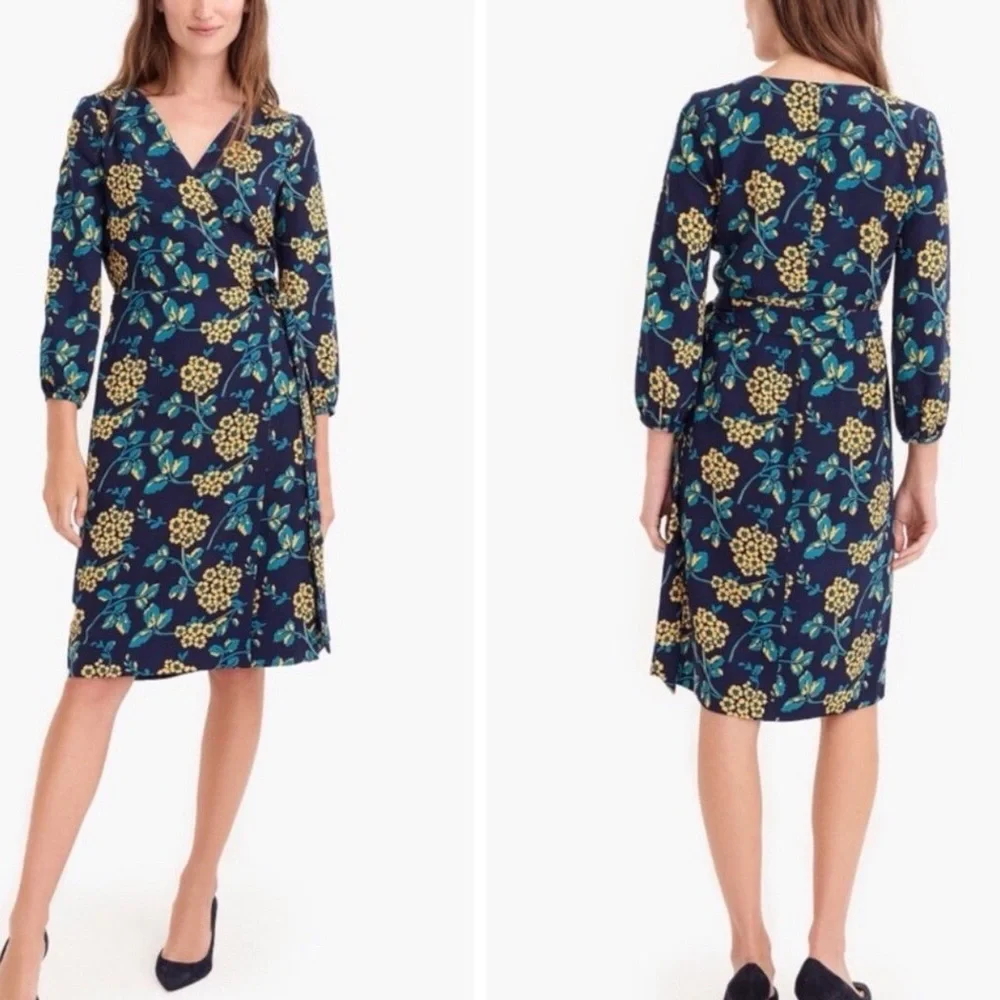 J.Crew Golden floral wrap dress in‎ 365 crepe Navy/Yellow mature office